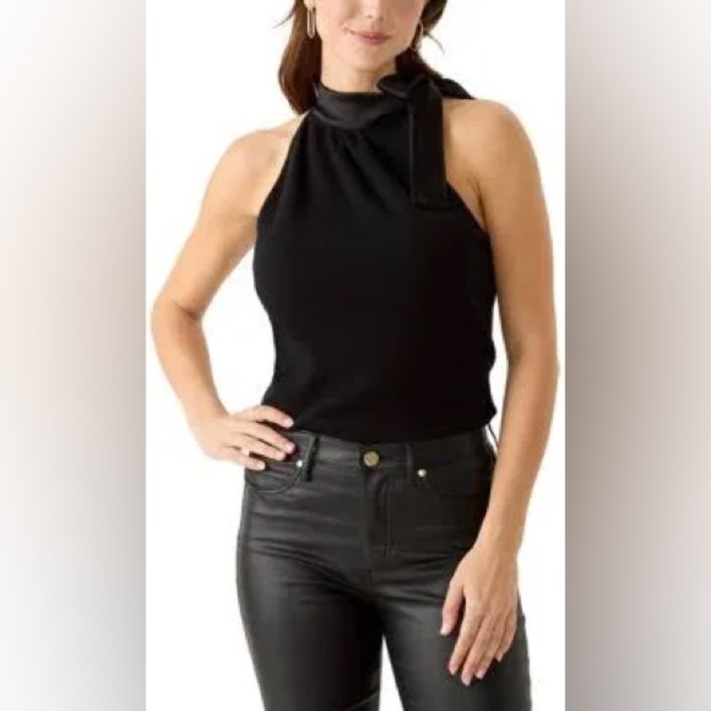 The Cashmere Project Black Sleeveless Knit Cashmere & Silk Tie Neck Sweater